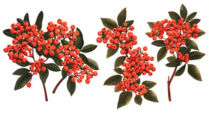Wall Mural - Set of pyracantha coccinea (scarlet firethorn) frontal isolated png on a transparent background perfectly cutout. Firethorn. Illustration