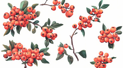 Wall Mural - Set of pyracantha coccinea (scarlet firethorn) frontal isolated png on a transparent background perfectly cutout. Firethorn. Illustration
