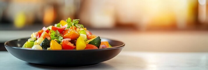 Aufkleber - Colorful summer salad featuring chopped tomatoes, zucchini, yellow bell peppers, mozzarella cheese, and red onions, garnished with parsley in a black bowl on a marble countertop