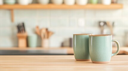 Poster - Two matching ceramic mugs resting on a wooden countertop in a modern kitchen, invitingly waiting for a warm beverage to bring comfort during morning moments