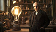 © Awais - Thomas Edison, the famous inventor, in his workshop with a large light bulb glowing in the background