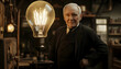 © Awais - Thomas Edison, the famous inventor, in his workshop with a large light bulb glowing in the background