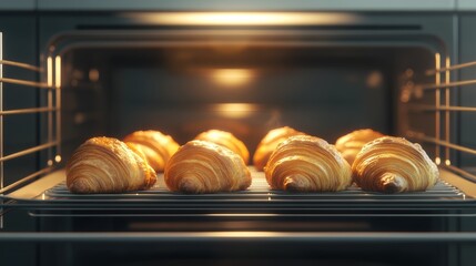 Poster - Golden brown croissants rest on a wire rack inside a brightly lit oven, showcasing the perfect bake and creating a warm, inviting atmosphere