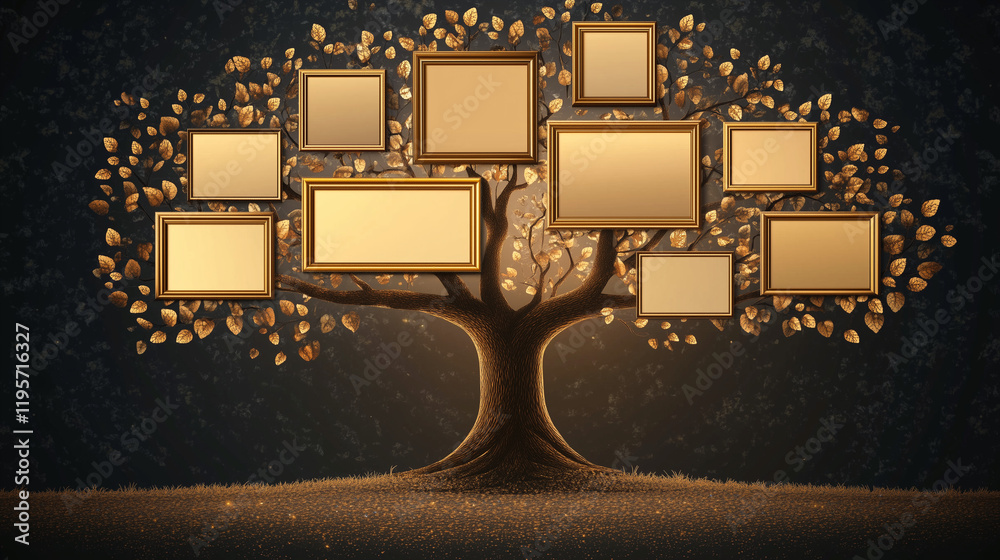 dark background, tree with glowing leaves and frames for photos or ...