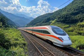 Wall Mural - High-Speed Train Through Scenic Mountains