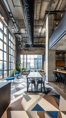 Canvas Print - Modern industrial loft apartment with geometric decor and city views