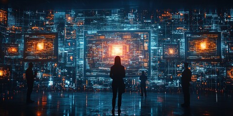 Poster - Visitors explore a futuristic digital art installation featuring glowing screens and vibrant, dynamic data visuals