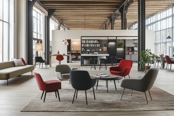 Canvas Print - Modern industrial open office space with cozy seating area and contemporary design