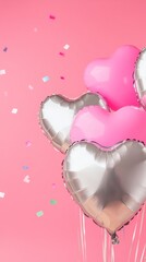 Poster - Floating pink and silver heart shaped balloons against a vibrant pink backdrop with colorful confetti creating a festive atmosphere for romantic celebrations