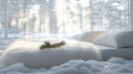 Poster - Cozy winter setting with fluffy bedding, soft pillows, and a touch of greenery in a serene white atmosphere. Generative AI