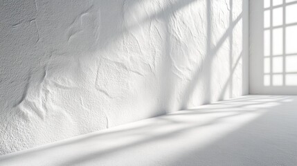 Poster - Bright, minimalistic interior with white textured walls and natural light streaming through the window. Generative AI