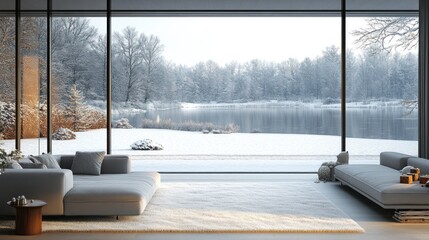 Poster - Winter view from a modern living room overlooking a serene snowy landscape with a calm lake. Generative AI