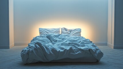 Poster - Cozy unmade bed softly illuminated in a minimalist bedroom at night for a calming atmosphere. Generative AI