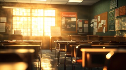 Poster - Morning sunlight illuminates an empty classroom with wooden desks and bulletin boards. Generative AI