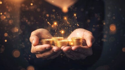Poster - Businessman is holding increasing stacks of bitcoins in his hands, with a glowing graph above them indicating positive growth and investment potential