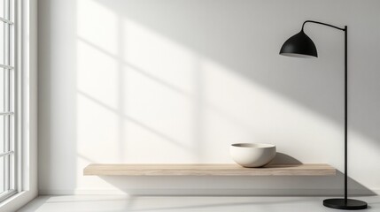 Poster - Modern minimalist interior with a wooden shelf, bowl, and sleek black lamp in bright light. Generative AI