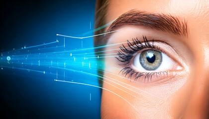 Poster - close-up of a woman's eye with vibrant blue digital lines streaming across her face. perfect for tec