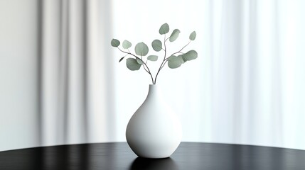 Poster - Elegant minimalist vase with fresh greenery on a dark wooden table in a bright room. Generative AI