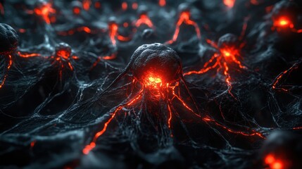 Fototapete - Intricate network of glowing red nodes connected by dark strands against a nebulous backdrop. Generative AI