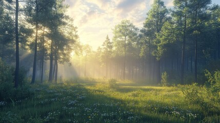 Poster - Early morning light filters through trees in a tranquil forest, creating a serene atmosphere. Generative AI