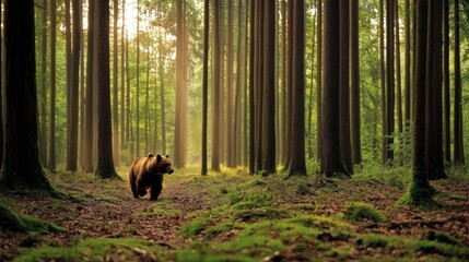 Poster - Majestic bear walking through lush green forest during golden hour in tranquil wilderness setting. Generative AI