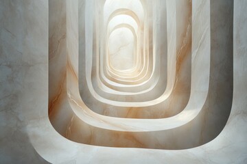 Aufkleber - Abstract architectural corridor with curved marble walls illuminated by soft light. Generative AI