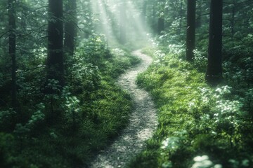 Poster - Exploring a serene forest path with soft light filtering through tall trees in early morning. Generative AI