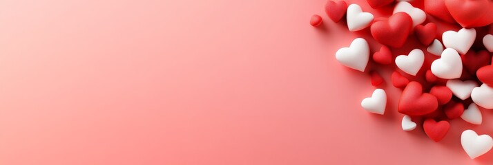 Poster - Many small red and white hearts forming a corner frame on a coral pink background creating a romantic feeling perfect for valentine's day, mother's day, or an anniversary celebration