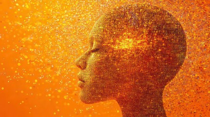 Poster - digital silhouette of a human head composed of binary code, illuminated against a vibrant orange background. This visual symbolizes artificial intelligence, data processing, and technological advance
