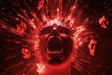 Screaming red head exploding with otherworldly faces emerging