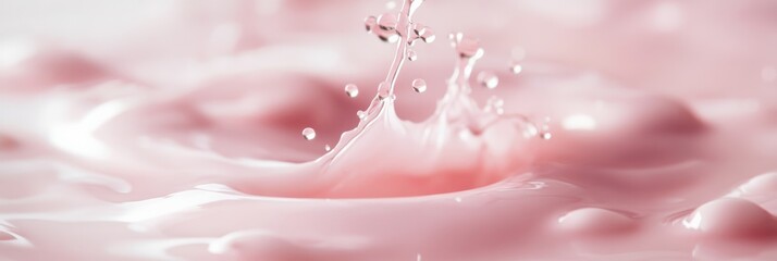 Poster - Close up of a splash crown forming in a pool of pink creamy liquid, creating a dynamic and visually appealing effect, perfect for projects related to beverages, desserts, or cosmetics
