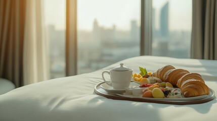 Poster - Tray with fresh croissants, fruits, yogurt and coffee cup is served on a bed in a hotel room, offering a luxurious and relaxing start to the day with a breathtaking cityscape in the background
