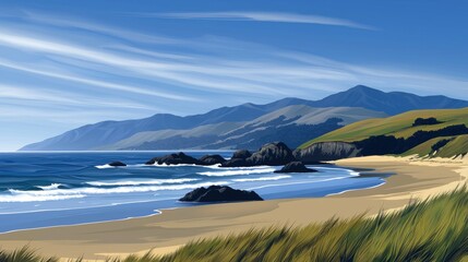 Wall Mural - a painting of a beach with grass and rocks