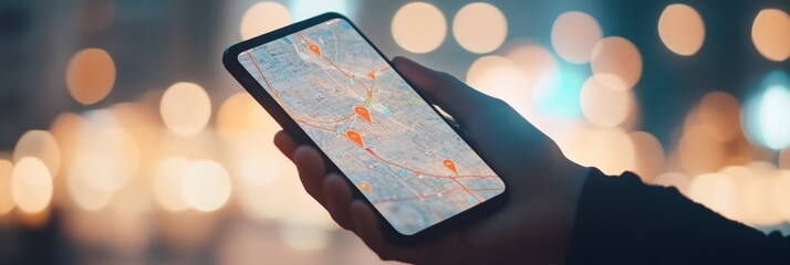 Poster - Hand holding smartphone displaying gps map application with marked locations and route in urban environment at night, showcasing concept of modern navigation and location services