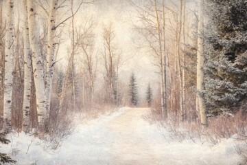 Wall Mural - Serene forest path blanketed in soft snow, with bare trees, monochrome winter landscape, peaceful solitude