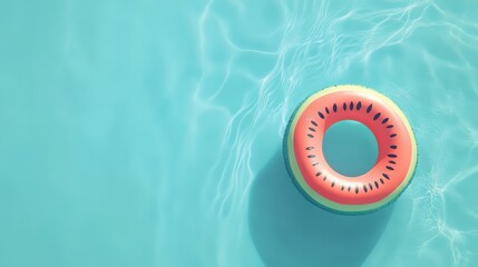 Poster - Bright summer sunlight illuminates a refreshing turquoise swimming pool with a playful inflatable watermelon ring floating on the surface, creating a vibrant scene of summer fun and relaxation