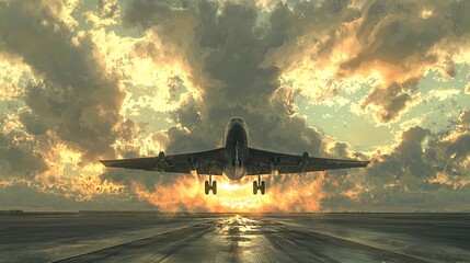 Poster - Airplane landing on runway at sunset.