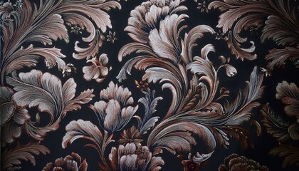 Wall Mural - Elegant floral wallpaper in bronze and silver tones on a dark background.