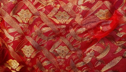 Wall Mural - Red fabric with gold floral pattern.