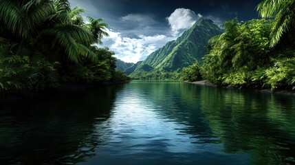 Wall Mural - tropical jungle river with mountains and trees