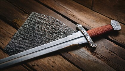 Medieval sword and chainmail rest on aged wood.