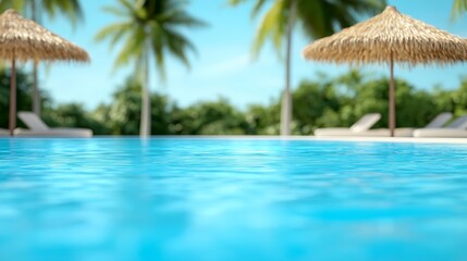 Poster - Crystal clear turquoise water inviting guests for a refreshing dip in a luxurious pool at a tropical resort, surrounded by swaying palm trees and thatched umbrellas