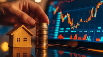 Poster - Investor stacking coins near house model with stock chart, symbolizing real estate investment, financial growth, home buying