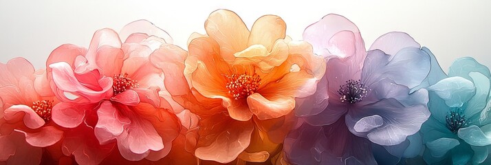 Poster - A stunning celebration banner featuring abstract transparent blue, orange, pink, and red flowers on a light background, perfect for International Women's Day, birthdays, and Mother's Day