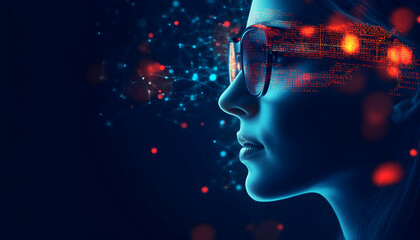 Software, coding hologram, and a woman in data analytics, information technology, and GDPR overlay. Programmer or IT person in glasses reading script, programming, and cybersecurity research.