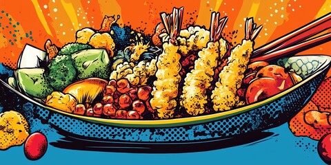 Canvas Print - A bold pop art illustration of a tempura platter with crispy shrimp, broccoli, tofu, and assorted vegetables in a vibrant setting