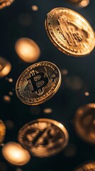 Poster - Gold bitcoin coins rotating on a dark background representing the decentralized digital currency and innovative payment system