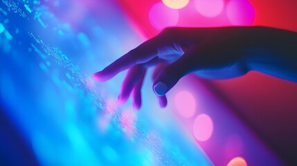 Poster - Neon Blue Pink Digital Touchscreen Technology Abstract Background Futuristic Interface Modern Hand Interaction Colorful Glowing Screen Innovative     