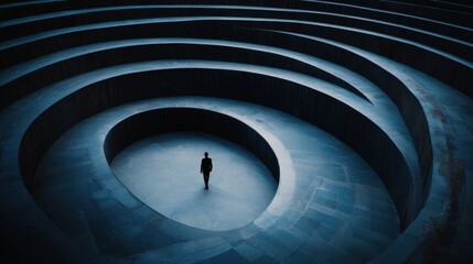 A man is standing in the middle of a large, circular room