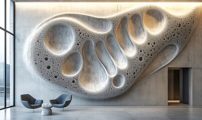 Poster - A concrete wall featuring intricate, fractal-like relief designs